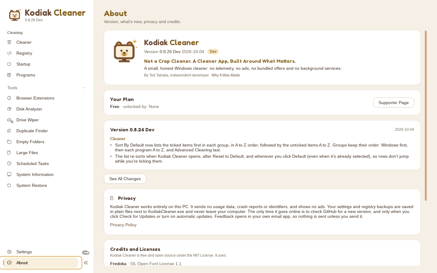 About page with the version, privacy summary and credits