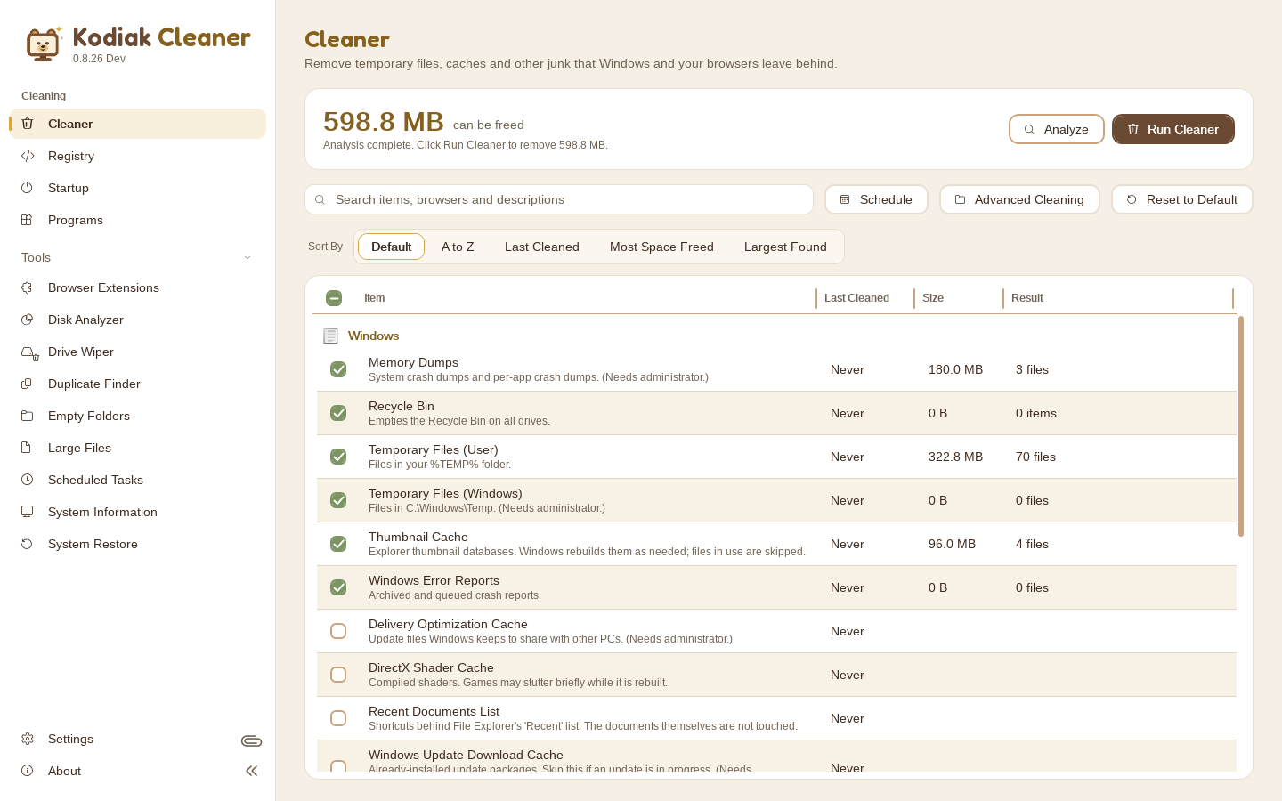Kodiak Cleaner's Cleaner page after Analyze, showing 598.8 MB that can be freed